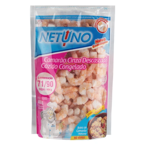 CAMARÃO CINZA DESCASCADO COZIDO 71 90 CONGELADO NETUNO PACOTE 400G