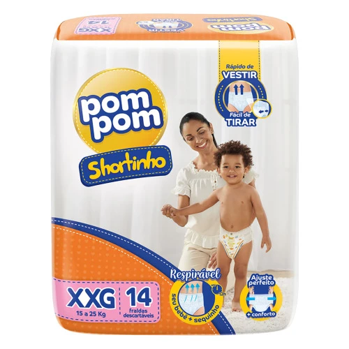 FRALDA DESCARTÁVEL INFANTIL SHORTINHO POM POM XXG PACOTE 14 UNIDADES