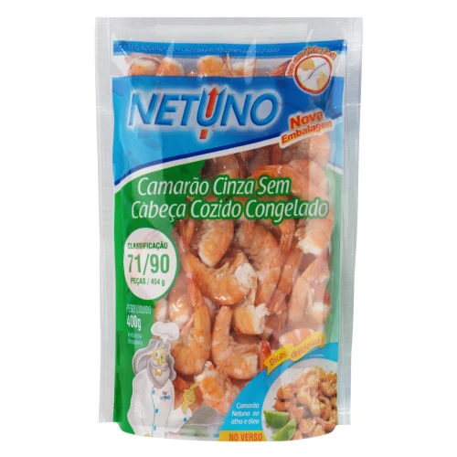 CAMARÃO CINZA SEM CABEÇA COZIDO CONGELADO NETUNO PACOTE 400G