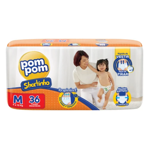 FRALDA DESCARTÁVEL INFANTIL SHORTINHO POM POM M PACOTE 36 UNIDADES
