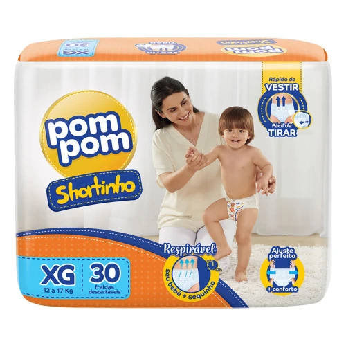 FRALDA DESCARTÁVEL INFANTIL SHORTINHO POM POM XG PACOTE 30 UNIDADES