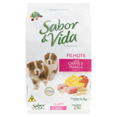 ALIMENTO PARA CÃES FILHOTES CARNE E MANGA SABOR VIDA PACOTE 2 7KG