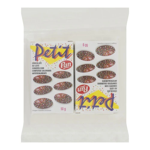 CHOCOLATE AO LEITE COM CONFEITOS COLORIDOS PAN PETIT CAIXA 50G 2 UNIDADES