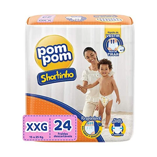 FRALDA DESCARTÁVEL INFANTIL SHORTINHO POM POM XXG PACOTE 24 UNIDADES