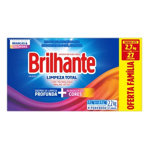 LAVA ROUPAS EM PÓ ROUPAS BRANCAS E COLORIDAS BRILHANTE LIMPEZA TOTAL CAIXA 2 2KG