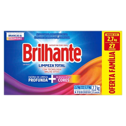 LAVA ROUPAS EM PÓ BRILHANTE LIMPEZA TOTAL CAIXA 2,2KG