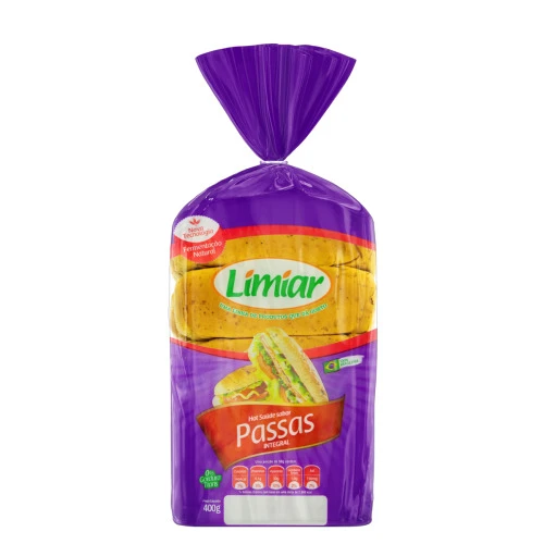 PÃO PARA HOT DOG INTEGRAL PASSAS LIMIAR PACOTE 400G