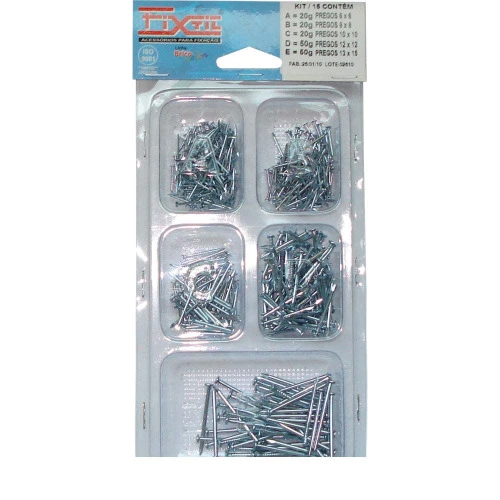 JOGO DE PREGOS GALVANIZADOS COM CABEÇA DE AÇO KIT 15 CINZA FIXTIL