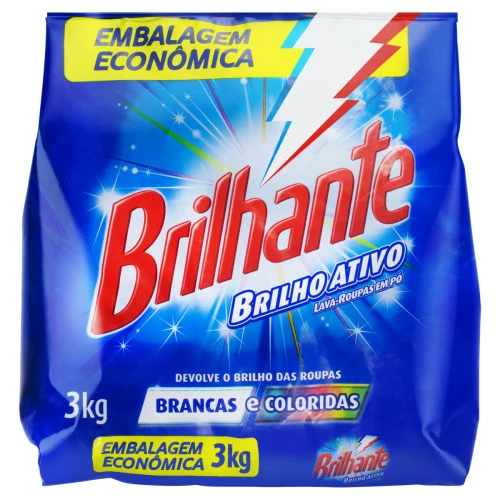 LAVA ROUPAS EM PÓ ROUPAS BRANCAS E COLORIDAS BRILHANTE BRILHO ATIVO PACOTE 3KG EMBALAGEM ECONÔMICA