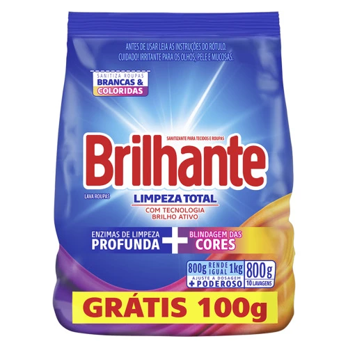 LAVA ROUPAS EM PÓ ROUPAS BRANCAS E COLORIDAS BRILHANTE LIMPEZA TOTAL PACOTE 800G GRÁTIS 100G