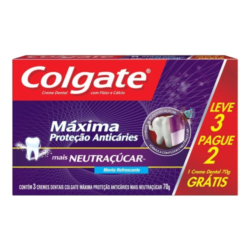 CREME DENTAL COLGATE MÁXIMA PROTEÇÃO ANTICÁRIES MAIS NEUTRAÇÚCAR 70G PROMO LEVE 3 PAGUE 2