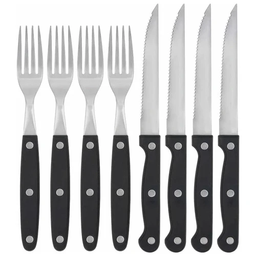 CONJUNTO COM 4 GARFOS E FACAS MOR 3916 INOX CABO PRETO 08 PEÇAS