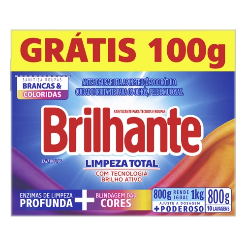 LAVA ROUPAS EM PÓ ROUPAS BRANCAS E COLORIDAS BRILHANTE LIMPEZA TOTAL CAIXA 800G GRÁTIS 100G