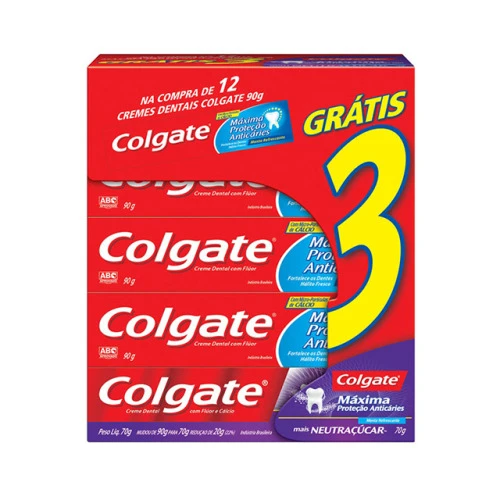CREME DENTAL COLGATE MÁXIMA PROTEÇÃO ANTICÁRIES GRÁTIS 3 NEUTRAÇÚCAR 70G