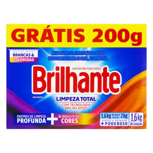LAVA ROUPAS EM PÓ ROUPAS BRANCAS E COLORIDAS BRILHANTE LIMPEZA TOTAL CAIXA 1 6KG GRÁTIS 200G