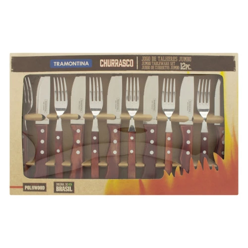 JOGO TALHERES PARA CHURRASCO MADEIRA TRAMONTINA POLYWOOD JUMBO CAIXA 12 PEÇAS