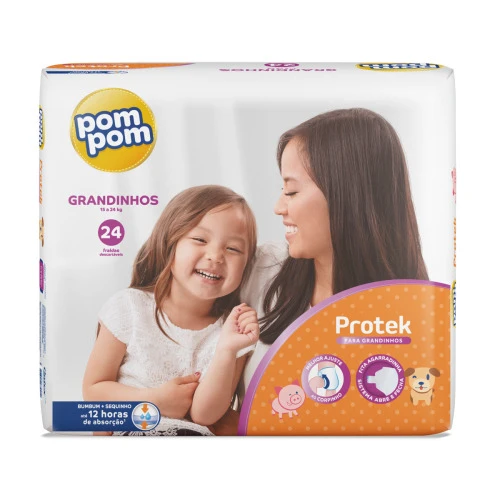 FRALDA DESCARTÁVEL INFANTIL POM POM PROTEK GRANDINHOS PACOTE 24 UNIDADES
