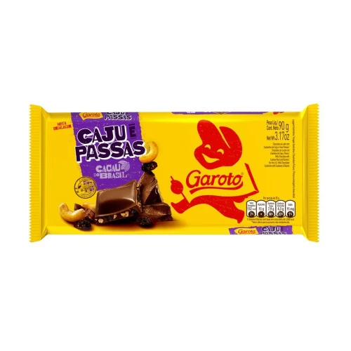 CHOCOLATE GAROTO CASTANHA DE CAJU E PASSAS 90G