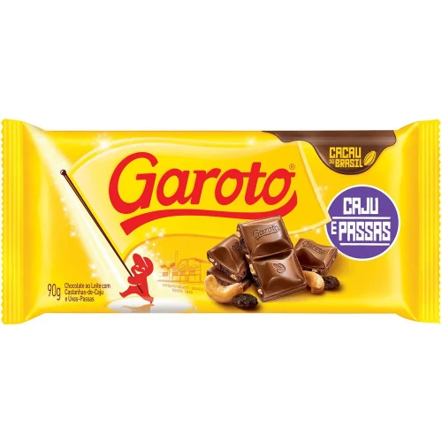 CHOCOLATE AO LEITE CAJU E PASSAS GAROTO PACOTE 90G