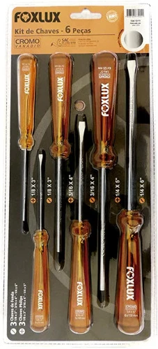 KIT DE CHAVES FOXLUX 6 PEÇAS 3 CHAVES DE FENDA  3 CHAVES PHILIPS CROMO VANÁDIO PONTA IMANTADA CABO