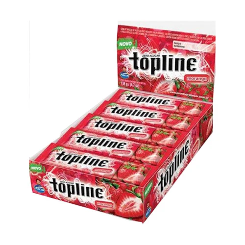 CHICLE ARCOR TOPLINE MORANGO 134G COM 20 UNIDADES