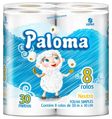 PAPEL HIGIÊNICO FOLHA SIMPLES NEUTRO PALOMA 30M PACOTE 8 UNIDADES