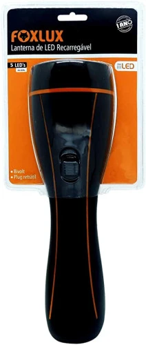 LANTERNA ABS 5 LEDS RECARREGÁVEL FOXLUX ALTO BRILHO BIVOLT PLUG RETRÁTIL DOIS NÍVEIS DE INTENSIDADE