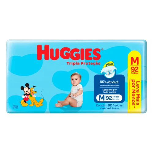 FRALDA DESCARTÁVEL INFANTIL HUGGIES TRIPLA PROTEÇÃO M PACOTE 92 UNIDADES LEVE MAIS PAGUE MENOS