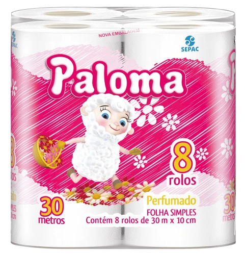 PAPEL HIGIÊNICO FOLHA SIMPLES PERFUMADO PALOMA 30M PACOTE 8 UNIDADES