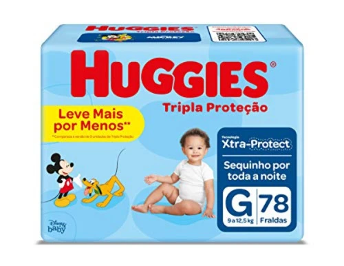 FRALDA DESCARTÁVEL INFANTIL HUGGIES TRIPLA PROTEÇÃO G PACOTE 78 UNIDADES LEVE MAIS PAGUE MENOS