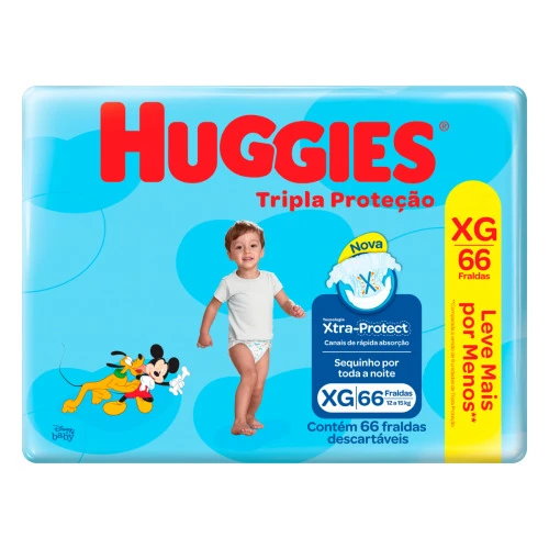 FRALDA DESCARTÁVEL INFANTIL HUGGIES TRIPLA PROTEÇÃO XG PACOTE 66 UNIDADES LEVE MAIS PAGUE MENOS