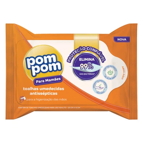 TOALHA UMEDECIDA ANTISSÉPTICA PARA MAMÃES ALOE VERA POM POM PACOTE 20 UNIDADES