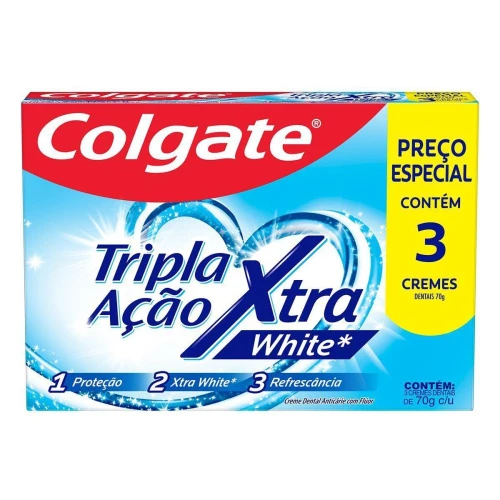 PACK CREME DENTAL XTRA WHITE COLGATE TRIPLA AÇÃO CAIXA 70G CADA LEVE 3 PAGUE 2 UNIDADES