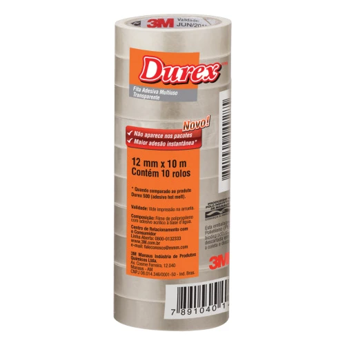 FITA ADESIVA MULTIUSO TRANSPARENTE DUREX 12MM X 10M 10 UNIDADES
