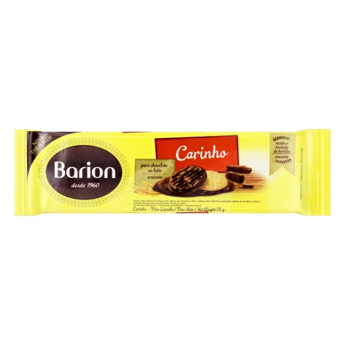 BISCOITO MANTEIGA COBERTURA CHOCOLATE AO LEITE BARION CARINHO PACOTE 75G