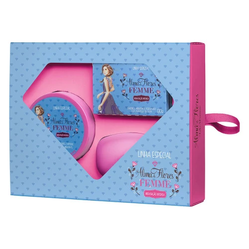 KIT BANHO ALMA DE FLORES FEMME GELÉIA ESFOLIANTE  2 SABONETES PERFUMADOS 130G  1 SABONETERIA