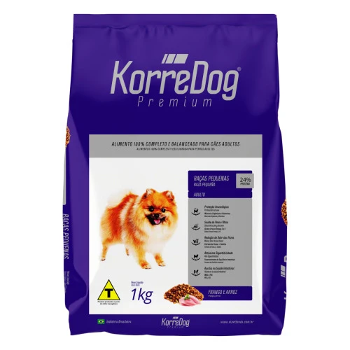 ALIMENTO PARA CÃES ADULTOS RAÇAS PEQUENAS FRANGO E ARROZ KORRE DOG PREMIUM PACOTE 1KG