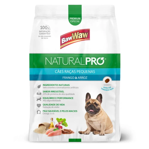 ALIMENTO CÃO BAW WAW 1KG NATURAL PRÓ RAÇAS P M FRANGO ARROZ