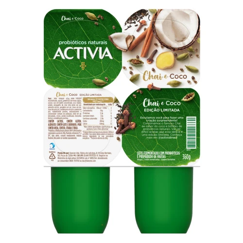 LEITE FERMENTADO INTEGRAL CHAI E COCO ACTIVIA BANDEJA 360G 4 UNIDADES