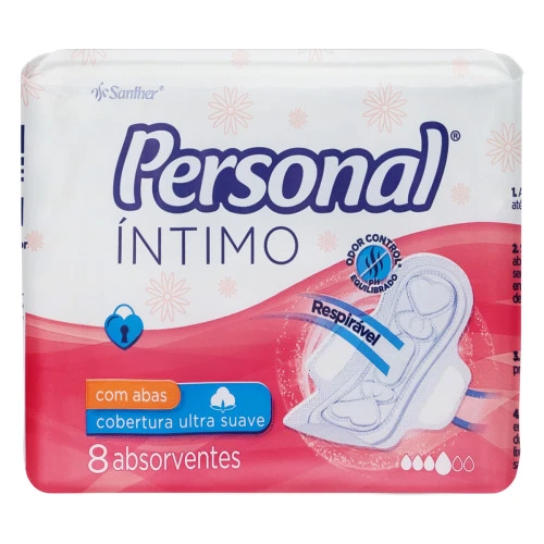 ABSORVENTE COM ABAS ULTRA SUAVE PERSONAL ÍNTIMO PACOTE 8 UNIDADES