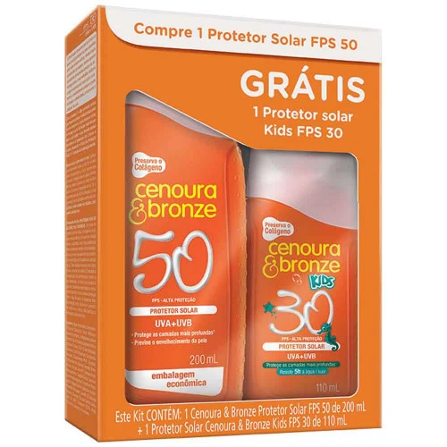 KIT CENOURA E BRONZE FPS50 200ML E PROTETOR SOLAR CENOURA E BRONZE KIDS FPS30 110ML