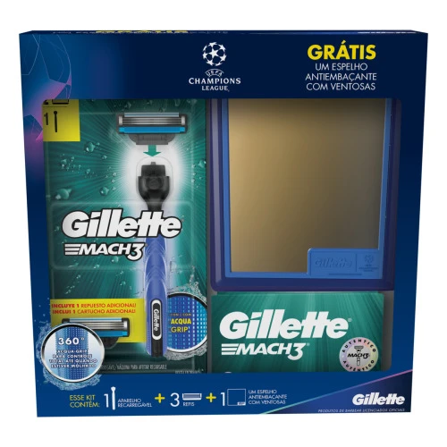 KIT 1 APARELHO RECARREGÁVEL 3 CARGAS PARA BARBEAR UEFA CHAMPIONS LEAGUE GILLETTE MACH3 GRÁTIS 1 ESPE