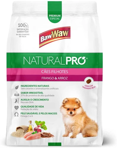 RAÇÃO BAW WAW NATURAL PRO PARA CÃES FILHOTES SABOR FRANGO E ARROZ 1KG