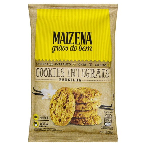 BISCOITO COOKIE INTEGRAL BAUNILHA MAIZENA GRÃOS DO BEM PACOTE 30G