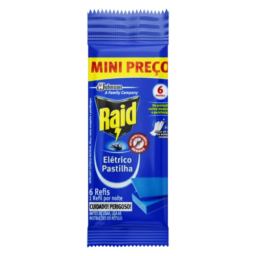 REPELENTE ELÉTRICO PASTILHA 6 NOITES RAID PACOTE 6 UNIDADES REFIL