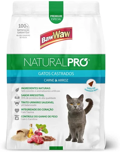 RAÇÃO BAW WAW NATURAL PRO PARA GATOS CASTRADOS SABOR CARNE E ARROZ 1KG