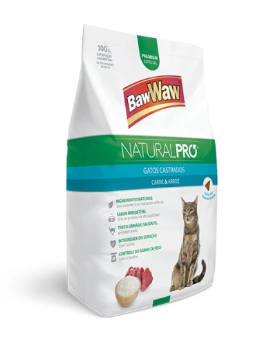 RAÇÃO GATOS BAW WAW 1KG NATURAL PRO CASTRADOS CARNE ARROZ