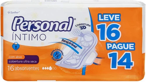 ABSORVENTE ÍNTIMO COBERTURA SECA COM ABAS PERSONAL BRANCO 16 UNIDADES