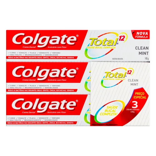 PACK CREME DENTAL CLEAN MINT COLGATE TOTAL 12 CAIXA 3 UNIDADES 140G CADA