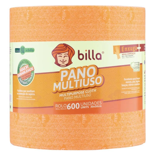 PANO MULTIUSO EM ROLO LARANJA BILLA 600 UNIDADES
